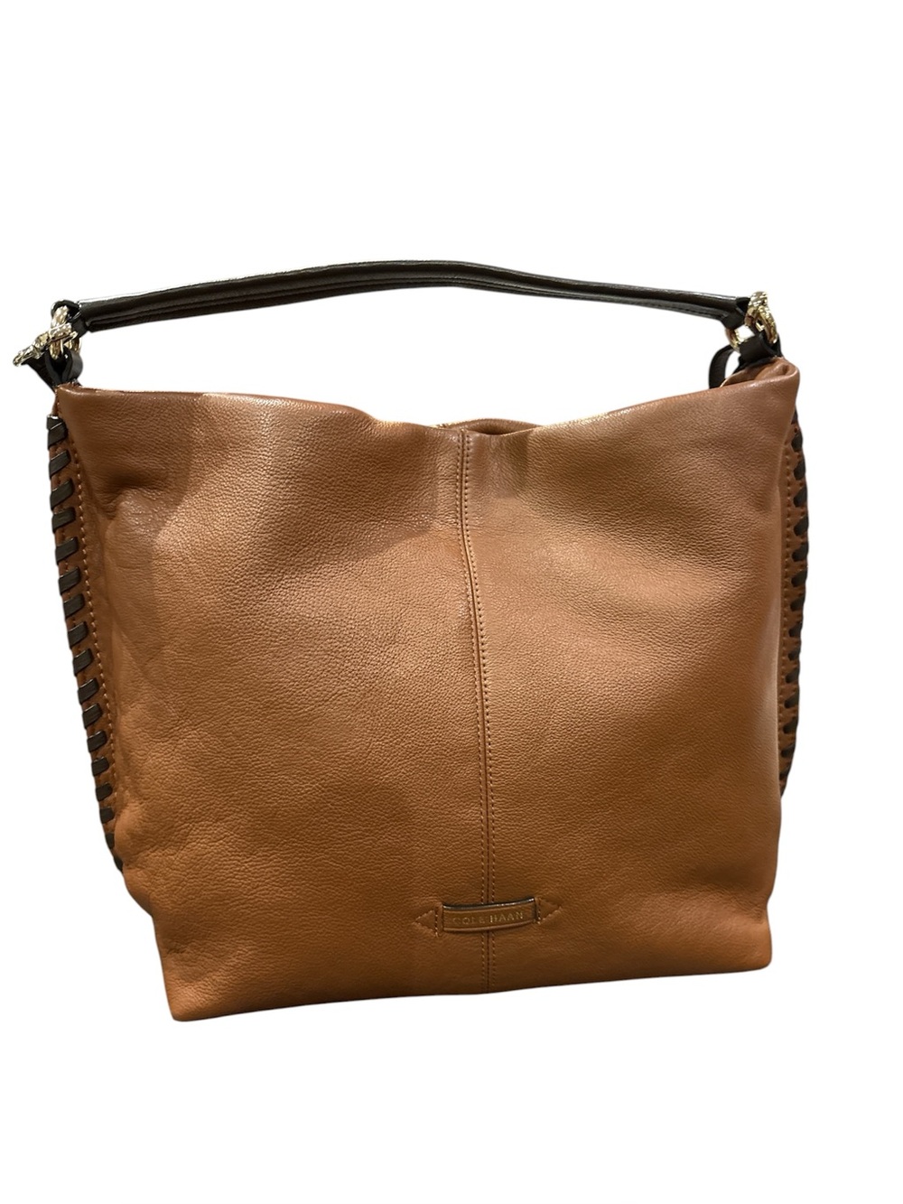 Cole Haan Tan Leather Hobo Shoulder Bag with dark brown stitching on sides